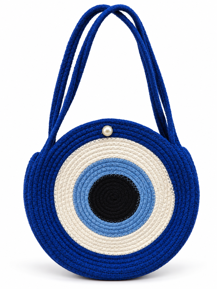 Handmade Round Braided Rope Shoulder Bag with Pearl Button- 9inch Round