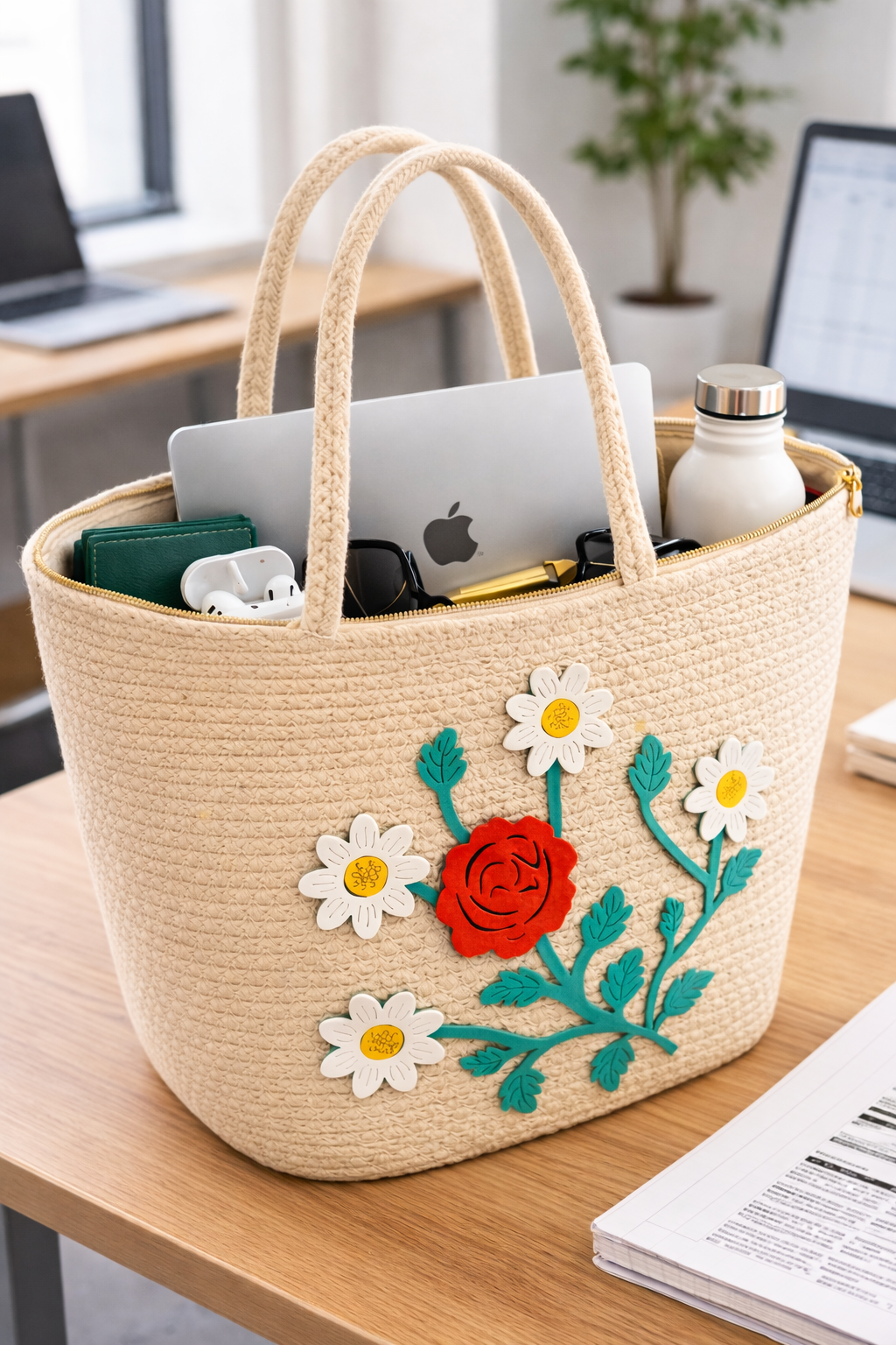 Jutepie Floral Embroidered Tote Bag – 16 Colors | Handcrafted Summer Shoulder Bag