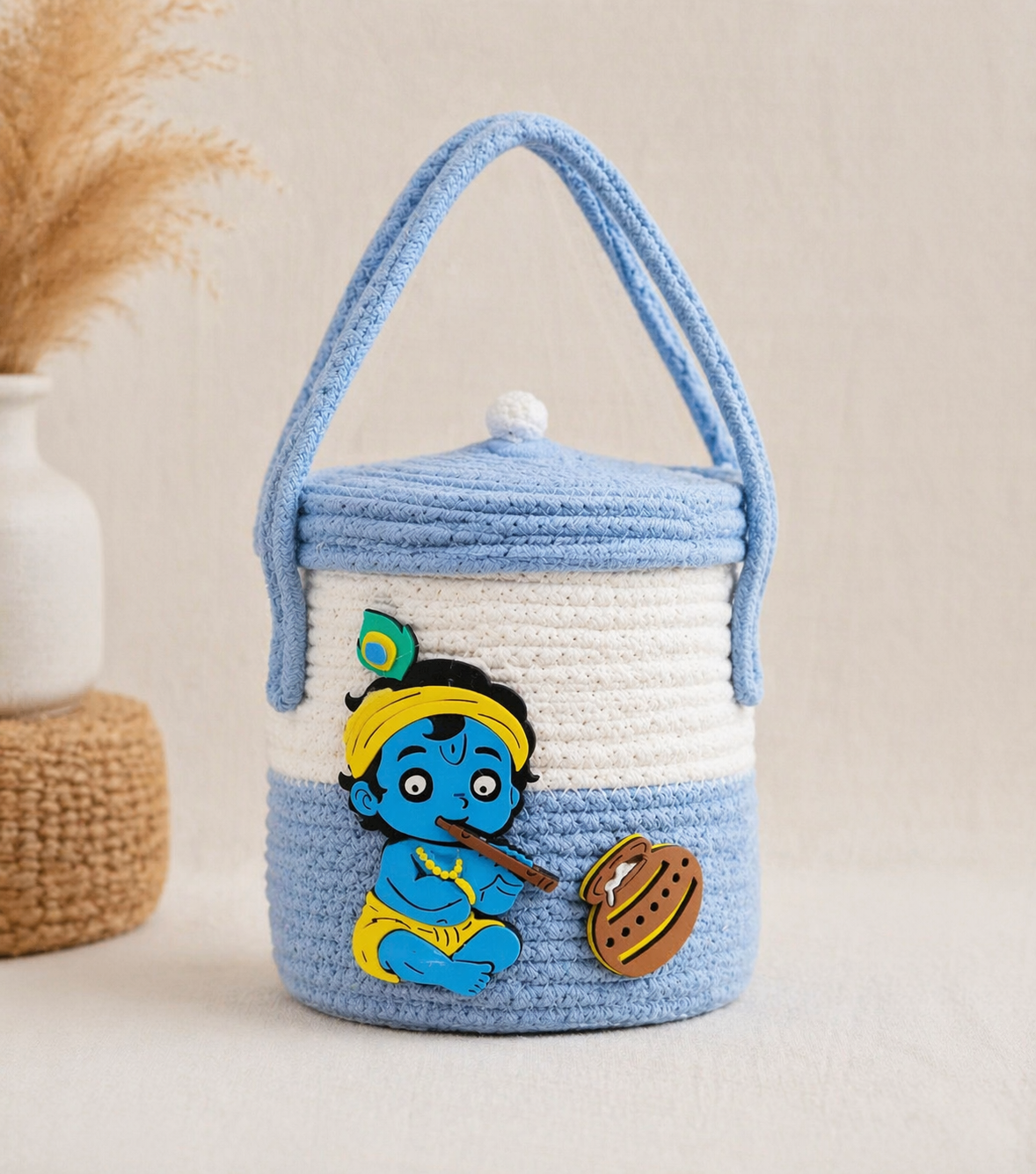 Handcrafted Krishna Design Crochet Storage Basket with Lid (7x7 Inch)