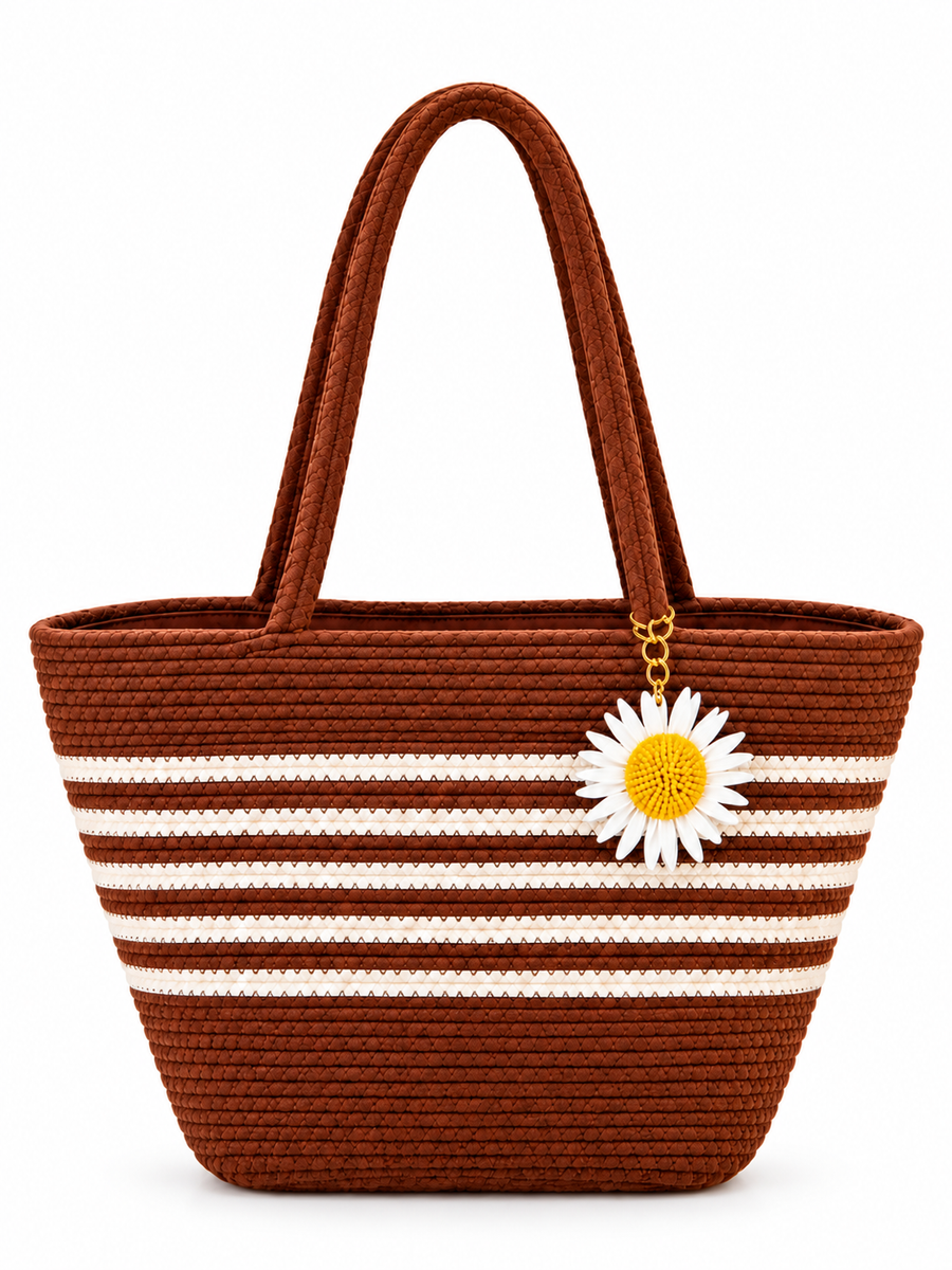 Handmade Cotton Rope Tote Handbag with Daisy Flower Detail-11x16 inch