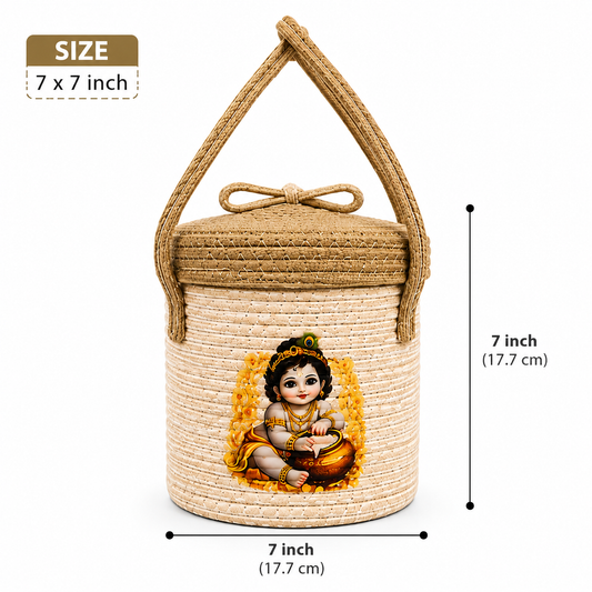 Jutepie Krishna Ji Jute Basket – Handmade Decorative Storage Basket with Lid