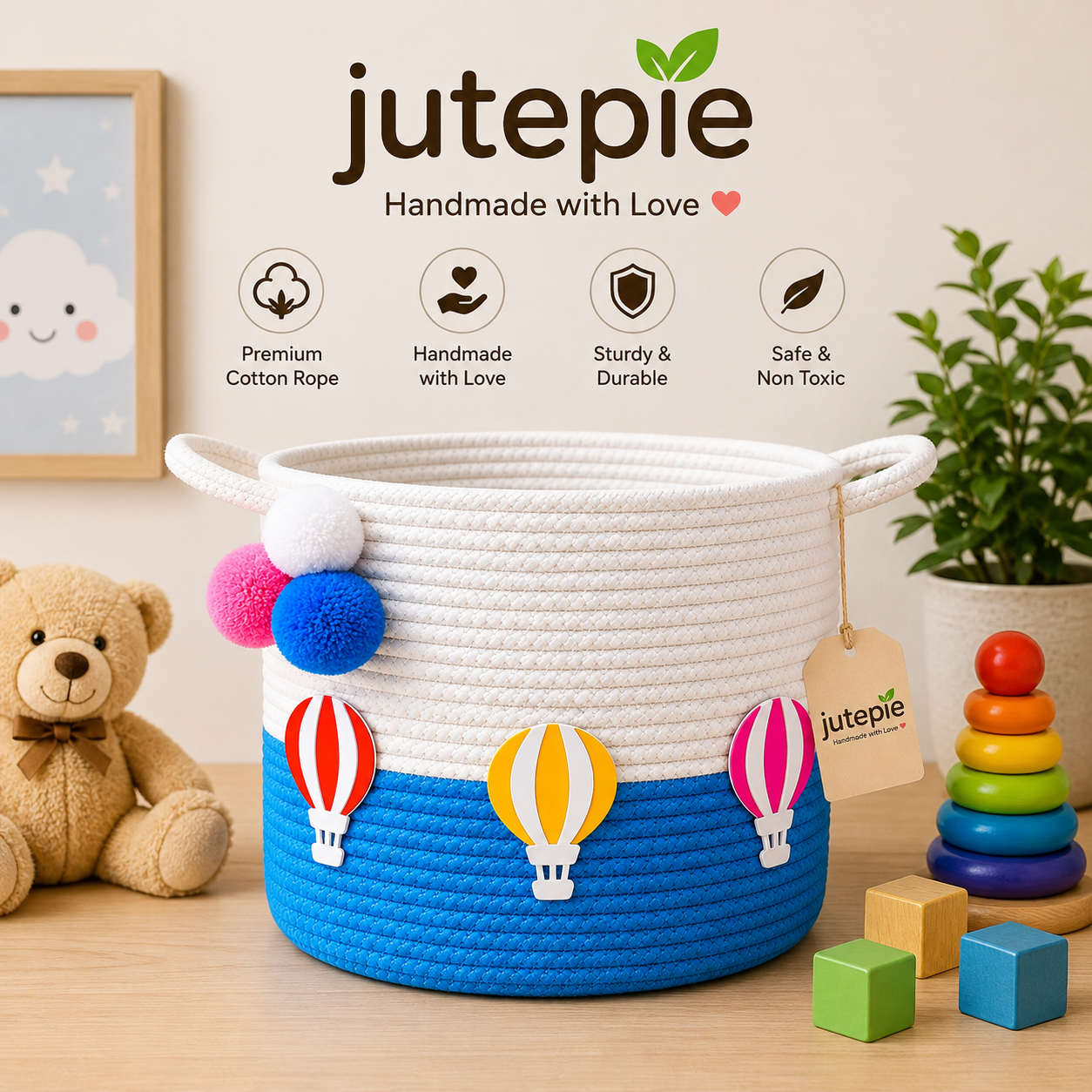 Kids Storage Basket 12×12 Inch | Handmade Cotton Rope Toy Organizer | Blue Balloon Design for Kids Room