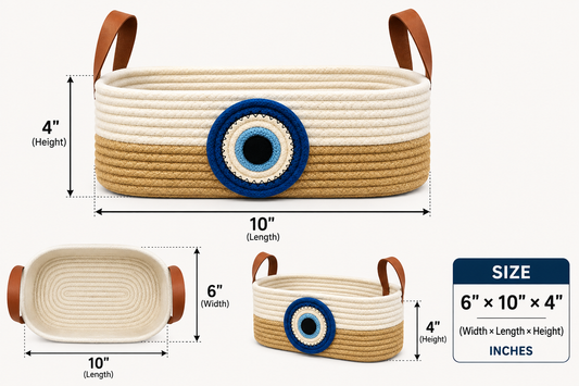 Evil Eye Jute Rope Storage Basket with Leather Handles