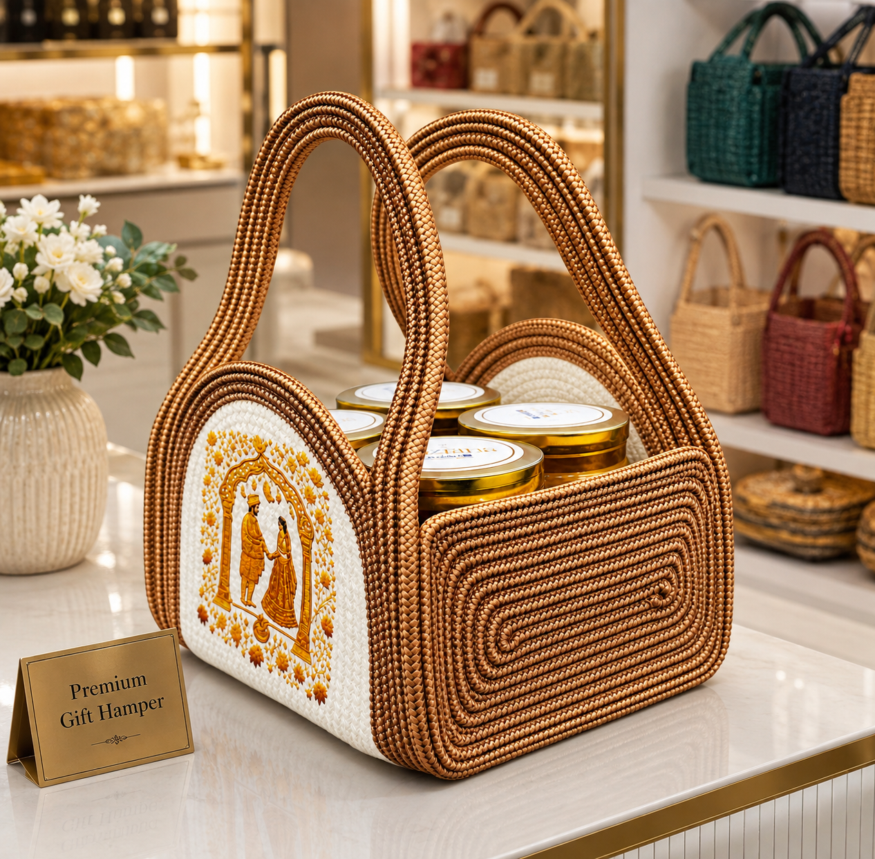 Handcrafted Jute Wedding Gift Bag – Premium Golden Embroidered Carry Bag