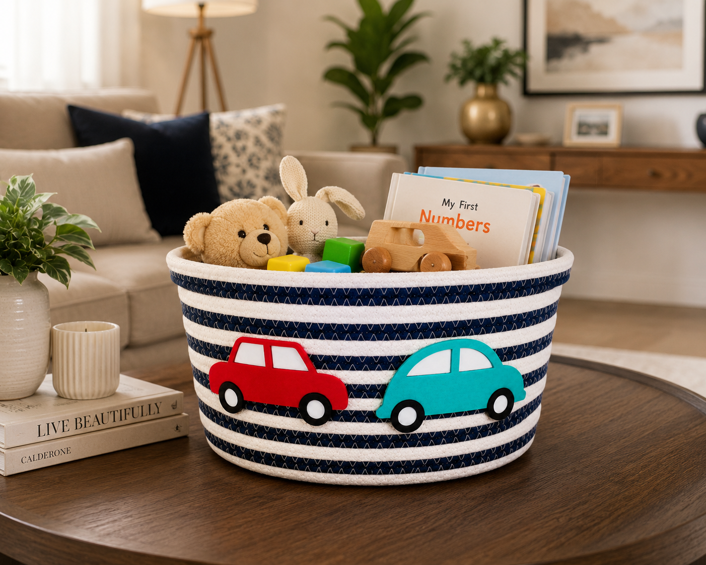 Navy Blue & White Kids Car Design Woven Storage Basket
