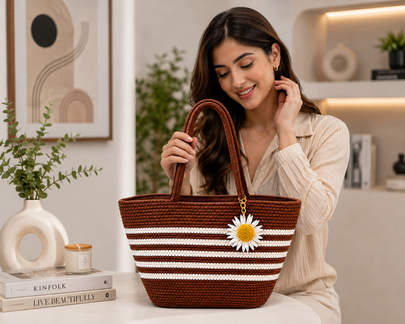 Handcrafted Brown & White Striped Woven Tote Bag with Daisy Charm