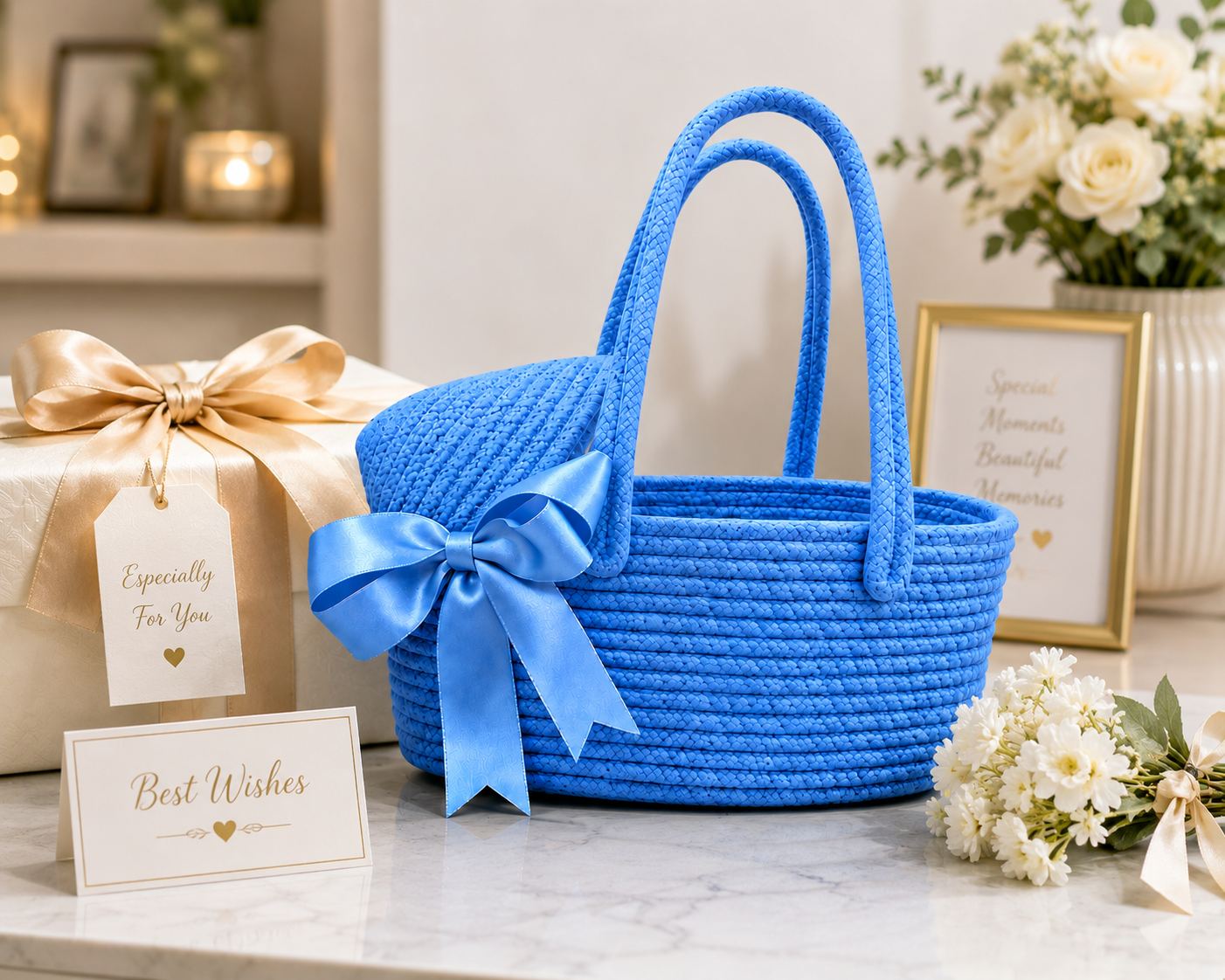Sky Blue Woven Basket Bag with Satin Bow β Stylish Handmade Tote for Gifts & Home DΓ©cor