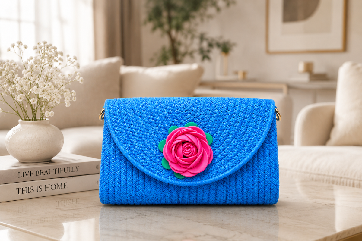 Blue Handmade Woven Sling Bag with Floral Design | Stylish Crossbody Clutch