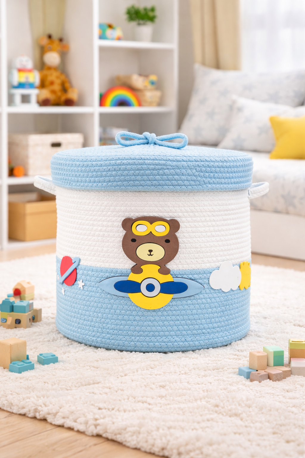 Kids Cotton Rope Storage Basket with Lid β Airplane Bear Design (12x10 Inch)