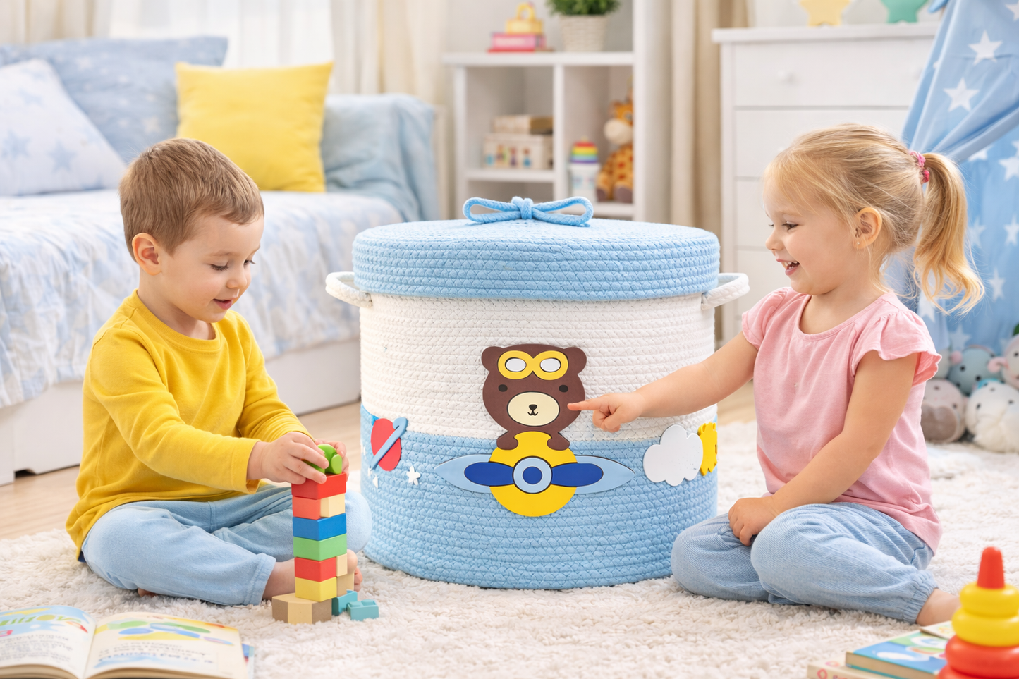 Kids Cotton Rope Storage Basket with Lid – Airplane Bear Design (12x10 Inch)