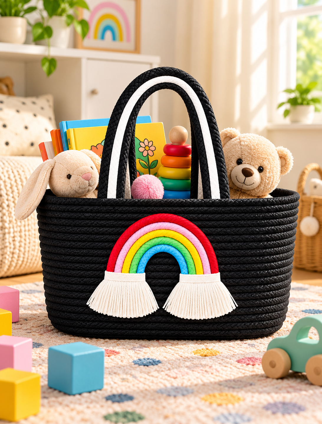 Jutepie Rainbow Rope Tote Bag – Handmade Braided Cotton Bag with Tassels | 10 × 6 × 6 Inch | Multiple Colors