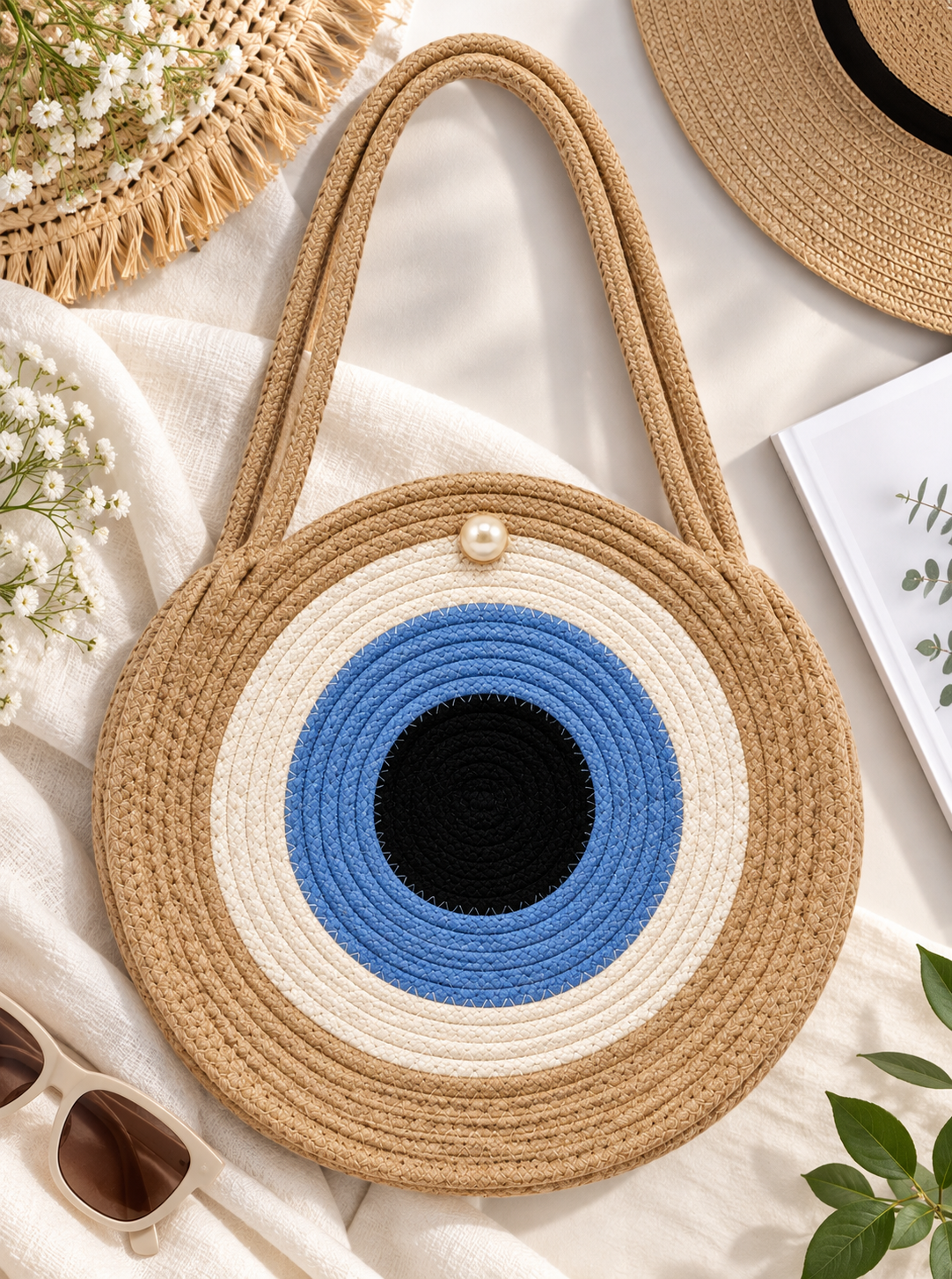 Handmade Round Braided Rope Shoulder Bag with Pearl Button- 9inch Round
