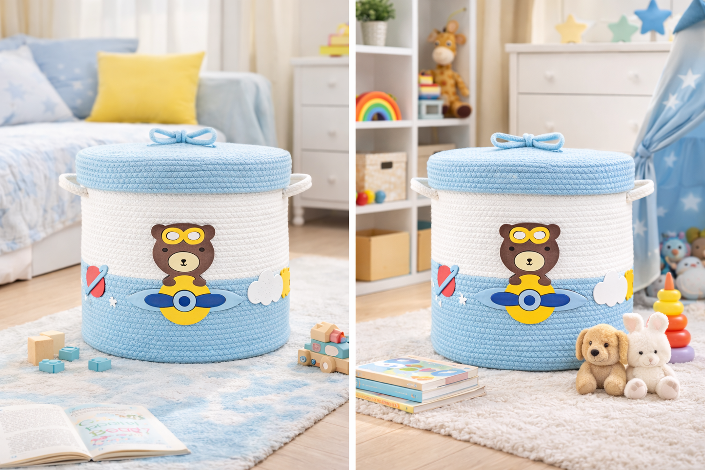 Kids Cotton Rope Storage Basket with Lid – Airplane Bear Design (12x10 Inch)
