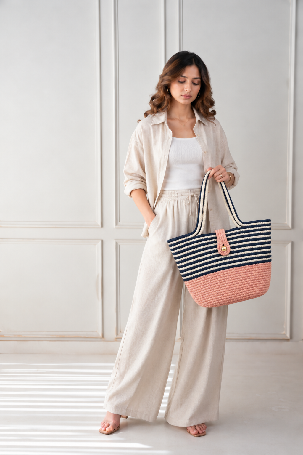 Handmade Jute Striped Rope Tote Bag with Button Closure