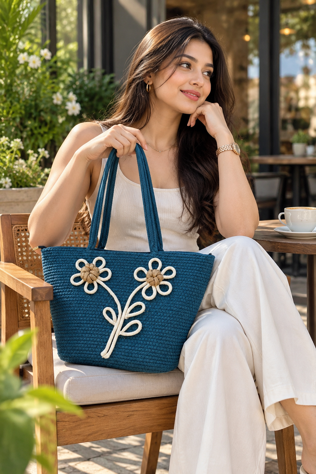 Daisy Bloom Navy Blue Handmade Jute Handbag-16 × 11 Inches