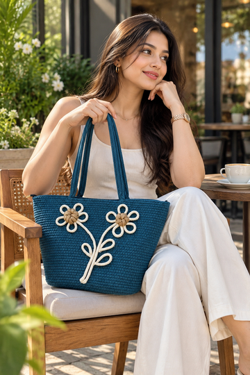 Daisy Bloom Navy Blue Handmade Jute Handbag-16 × 11 Inches