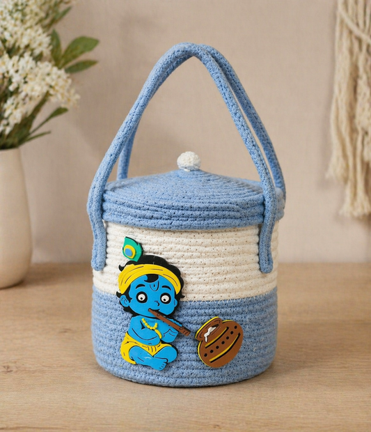 Handcrafted Krishna Design Crochet Storage Basket with Lid (7x7 Inch)