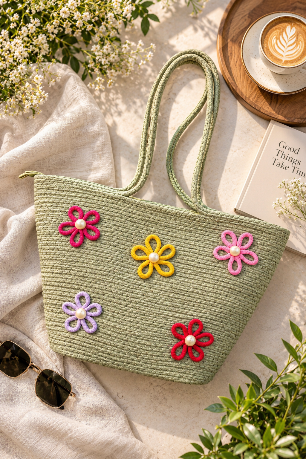 Floral Bloom Handmade Rope Handbag – 16 × 11 Inch