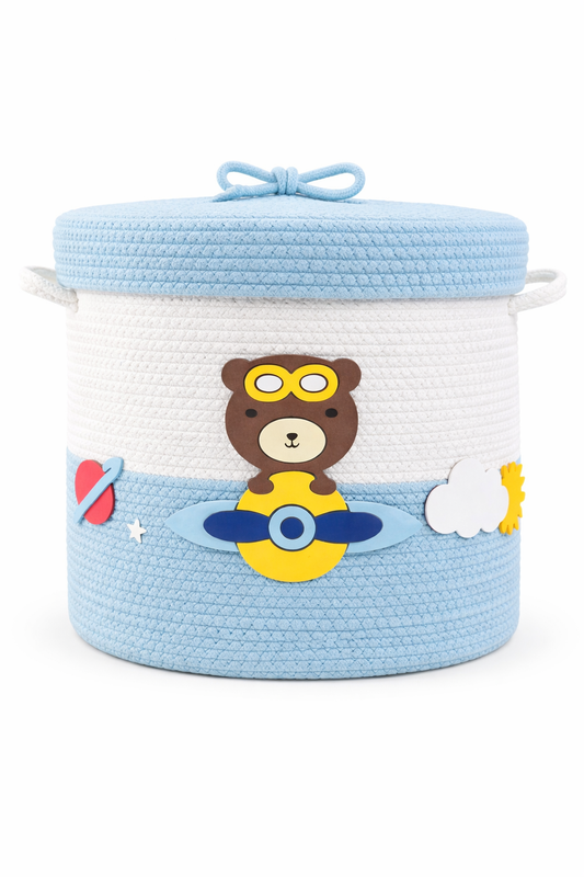 Kids Cotton Rope Storage Basket with Lid – Airplane Bear Design (12x10 Inch)