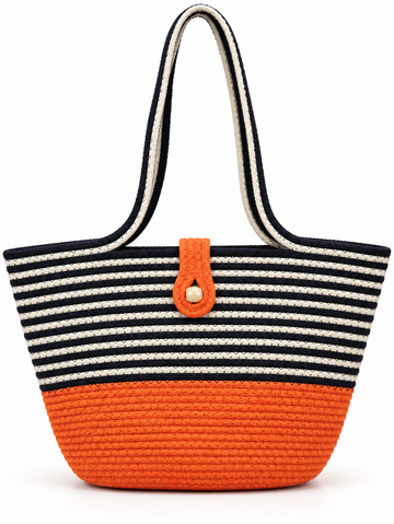 Handmade Jute Striped Rope Tote Bag with Button Closure