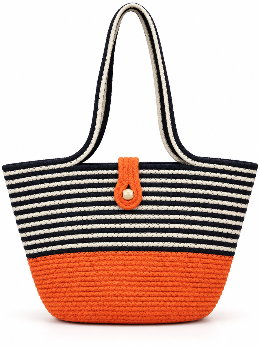 Handmade Jute Striped Rope Tote Bag with Button Closure