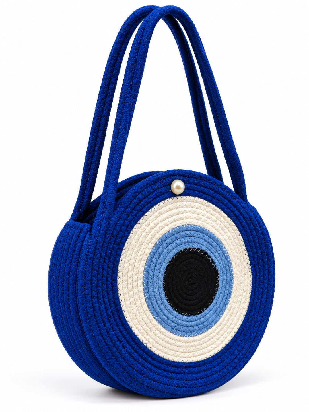 Handmade Round Braided Rope Shoulder Bag with Pearl Button- 9inch Round