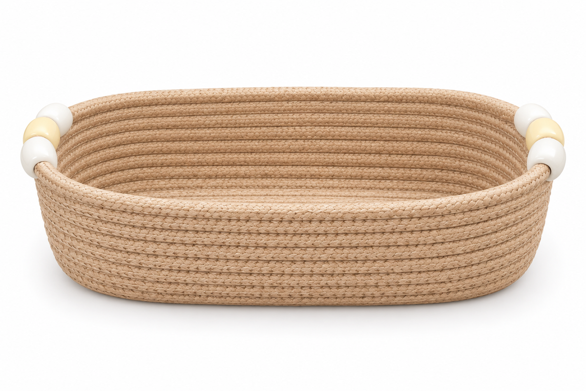 Handmade Woven Rope Storage Basket with Beaded Handles | Natural Organizer Tray for Home, Bedroom, Bathroom & Living Room Décor-4x12x4 inch