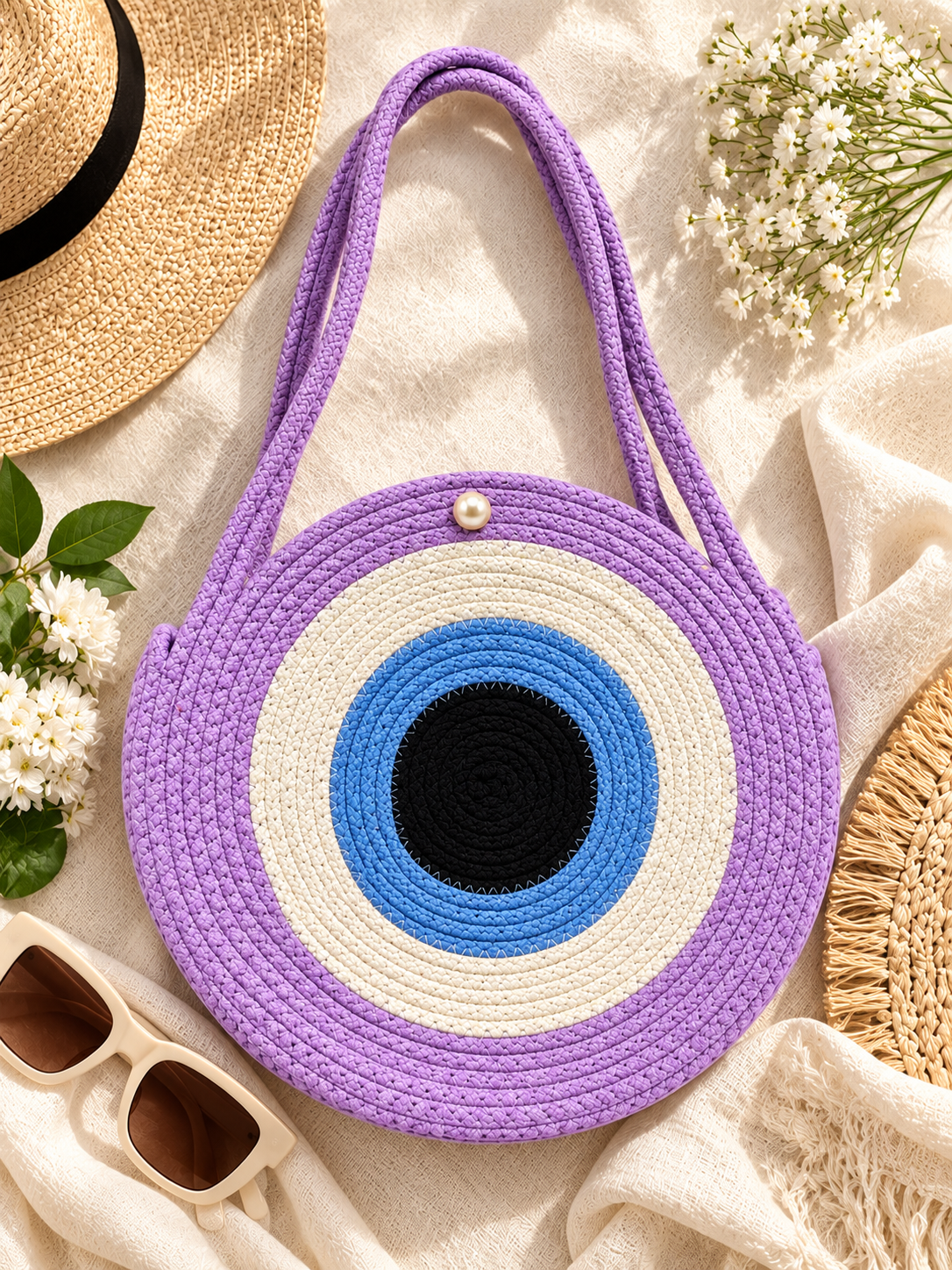 Handmade Round Braided Rope Shoulder Bag with Pearl Button- 9inch Round