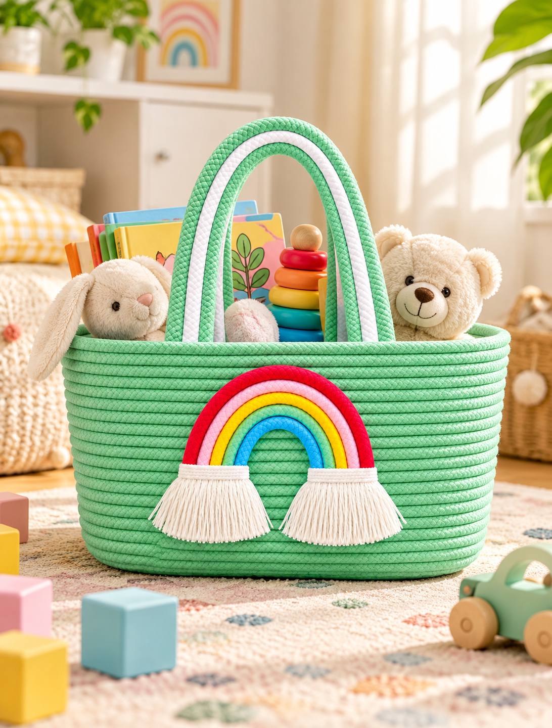 Jutepie Rainbow Rope Tote Bag – Handmade Braided Cotton Bag with Tassels | 10 × 6 × 6 Inch | Multiple Colors