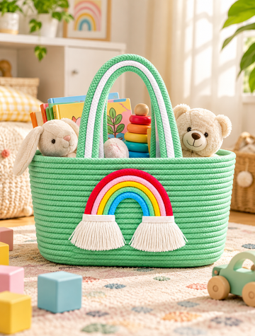 Jutepie Rainbow Rope Tote Bag – Handmade Braided Cotton Bag with Tassels | 10 × 6 × 6 Inch | Multiple Colors