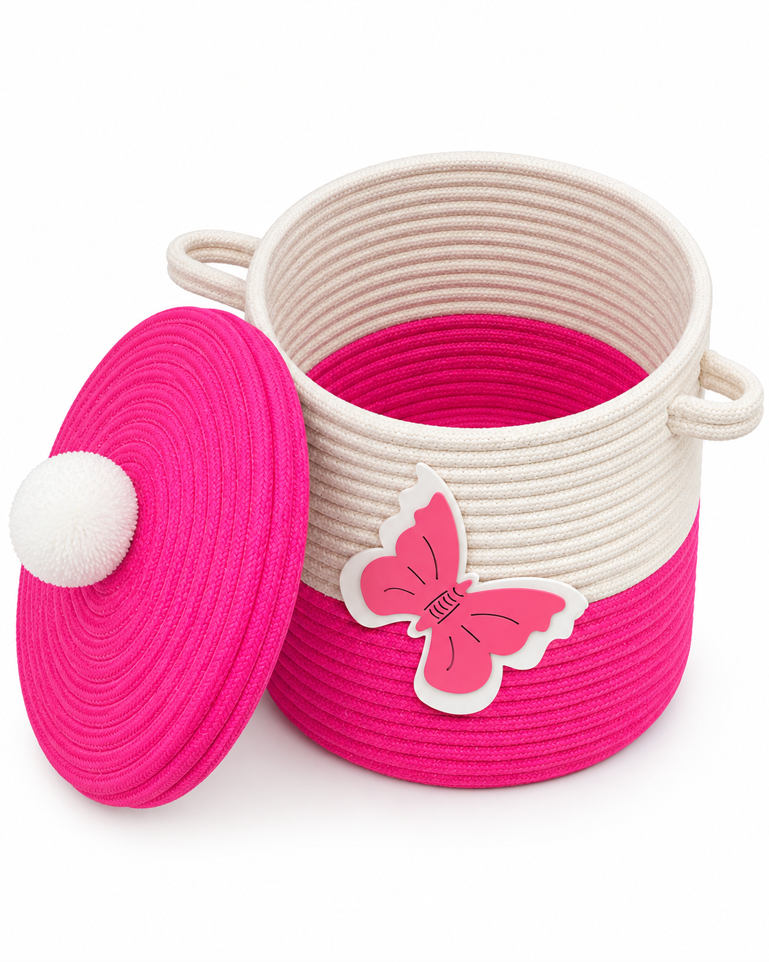 Handmade Butterfly Design Woven Storage Basket with Lid & Handles | Pink & White Rope Organizer for Kids Room, Nursery & Home Décor-10x10 inch