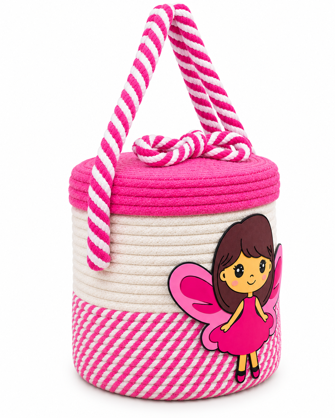Handmade Fairy Design Woven Storage Basket with Lid & Handle | Cute Rope Organizer for Kids Room, Nursery, Toys & Home Décor-10x10 inch