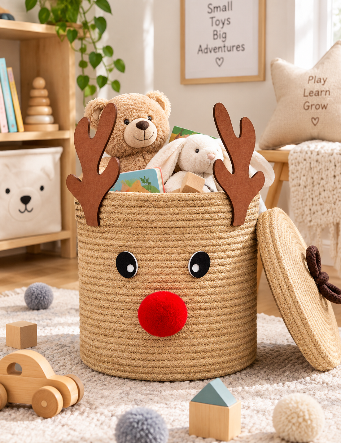 Handmade Reindeer Storage Basket with Lid | Woven Rope Organizer for Toys, Clothes, Nursery, Bedroom & Home Décor-8x8 inch