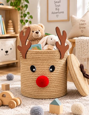 Handmade Reindeer Storage Basket with Lid | Woven Rope Organizer for Toys, Clothes, Nursery, Bedroom & Home Décor-8x8 inch