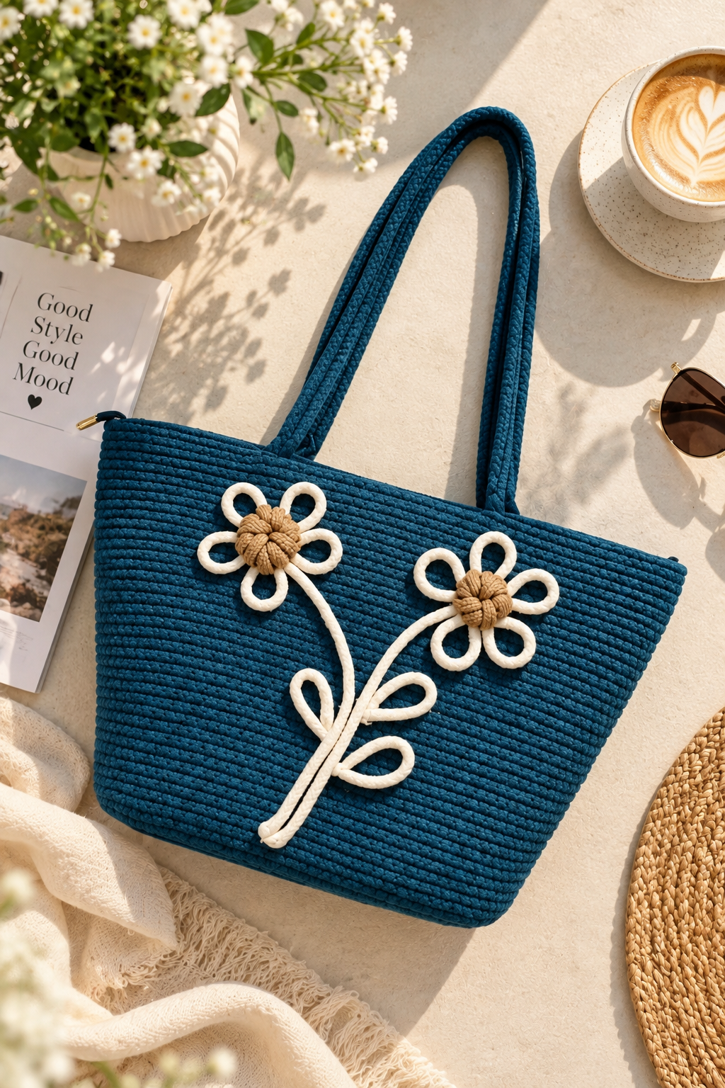 Daisy Bloom Navy Blue Handmade Jute Handbag-16 × 11 Inches