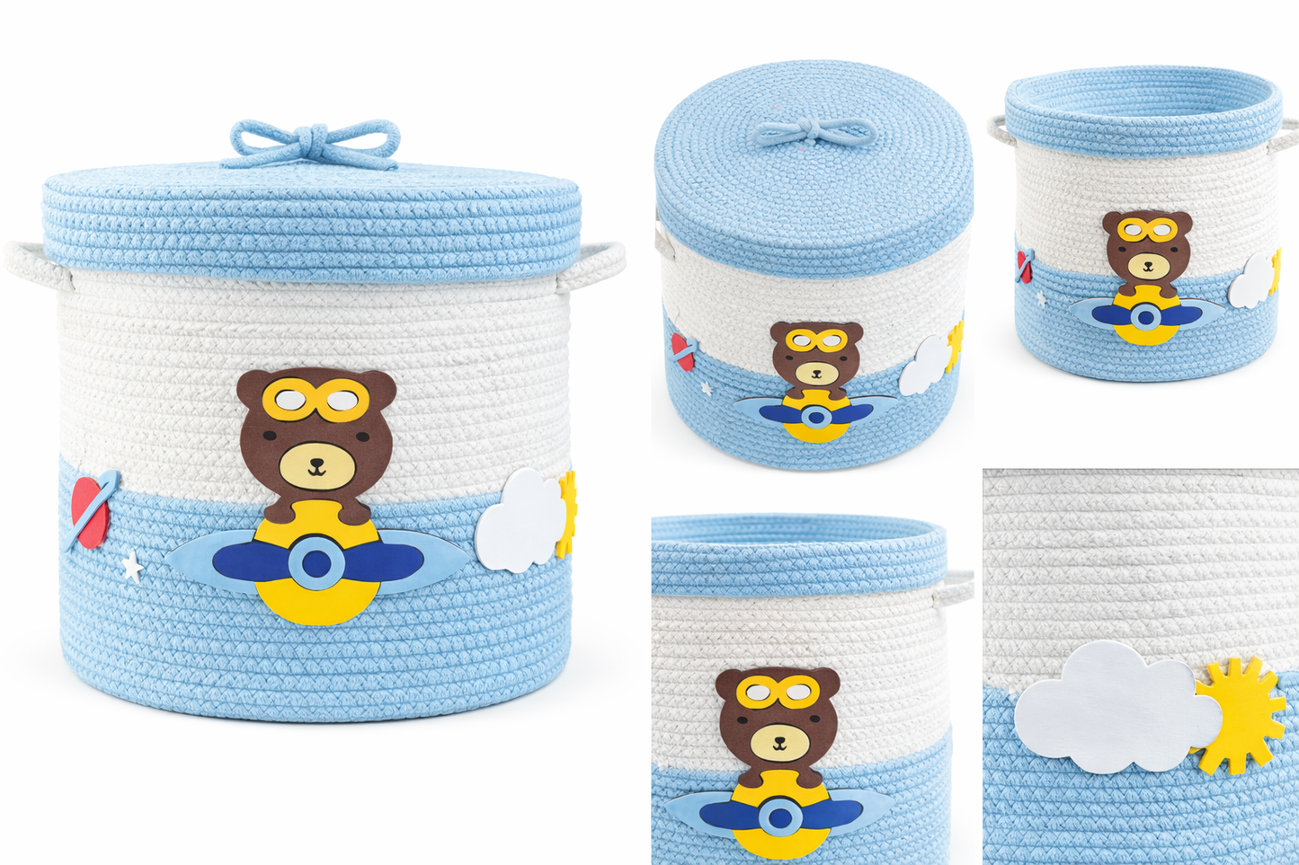 Kids Cotton Rope Storage Basket with Lid – Airplane Bear Design (12x10 Inch)