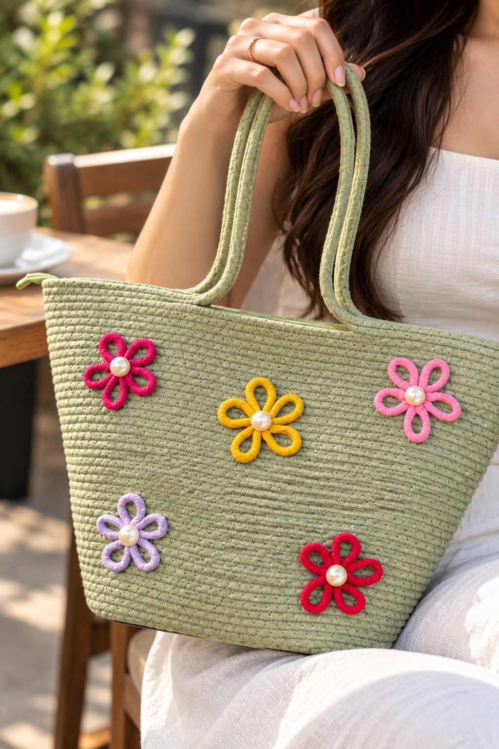 Floral Bloom Handmade Rope Handbag – 16 × 11 Inch