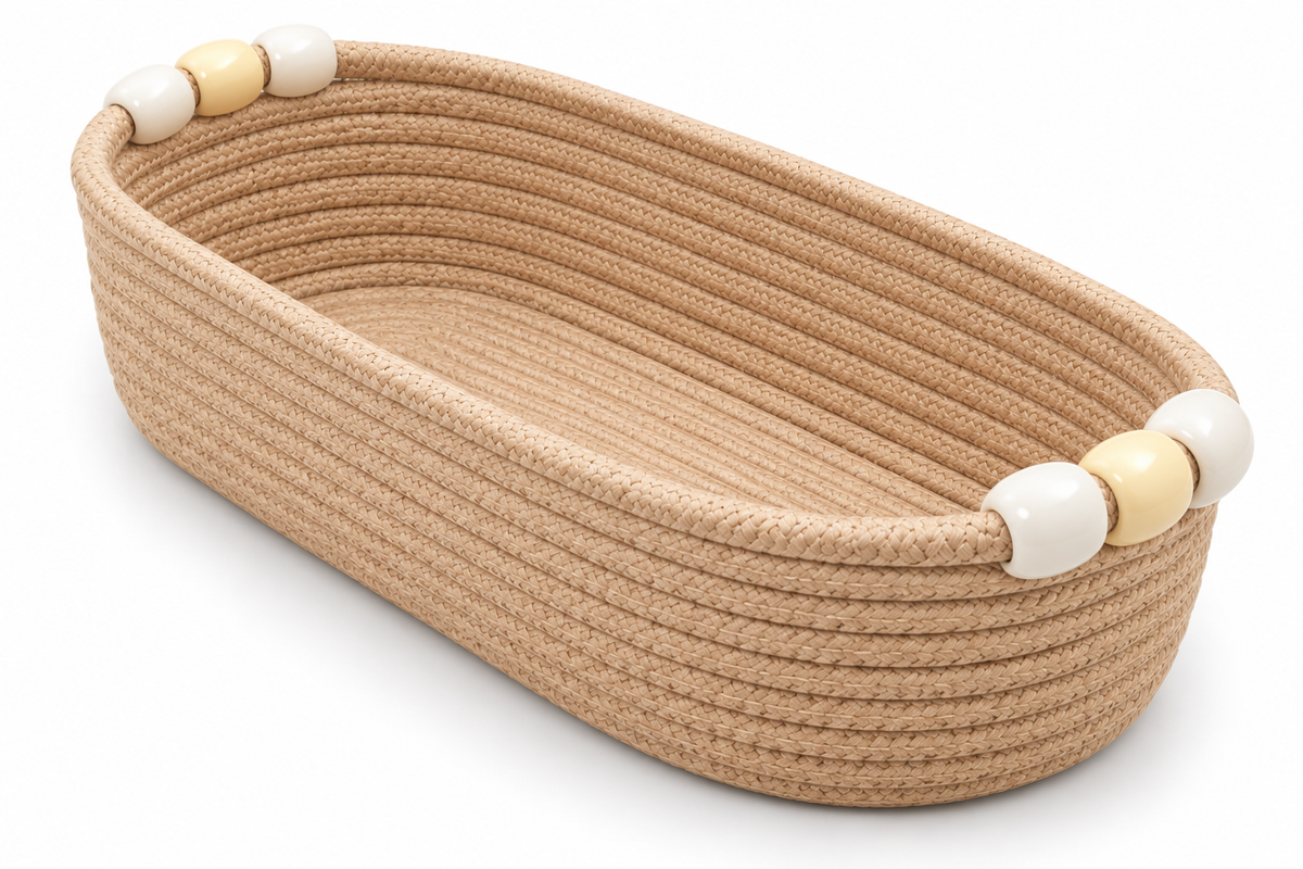 Handmade Woven Rope Storage Basket with Beaded Handles | Natural Organizer Tray for Home, Bedroom, Bathroom & Living Room Décor-4x12x4 inch