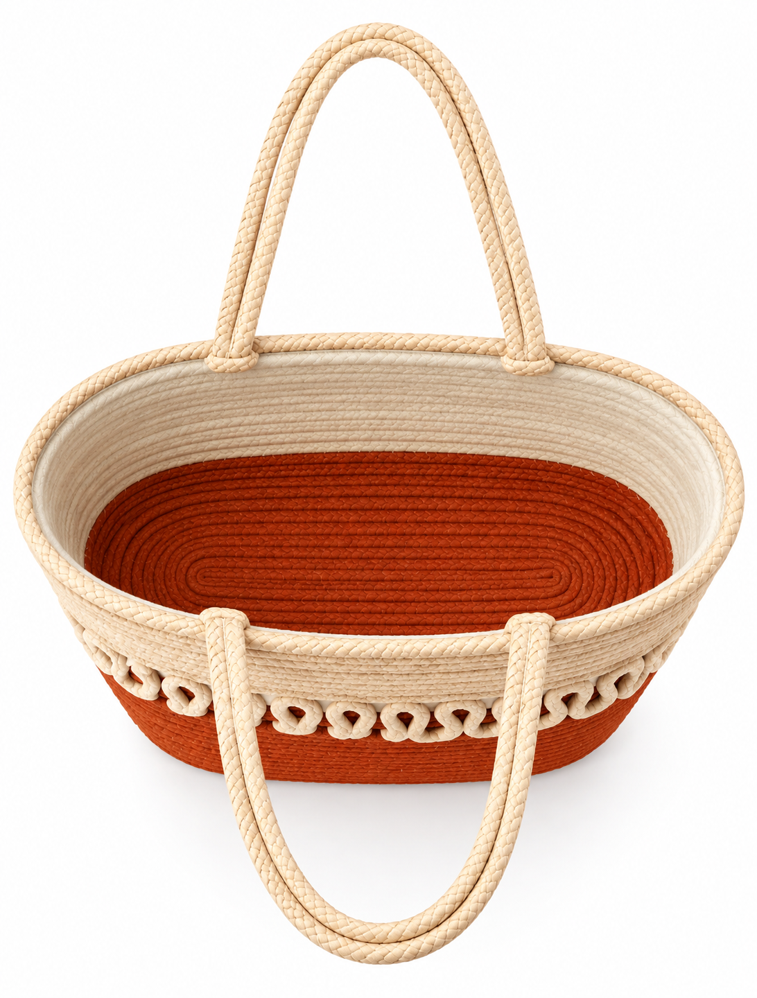 Handmade Rope Tote Bag for Women | Cream & Terracotta Braided Handcrafted Basket Bag with Decorative Detailing-11x16 inch