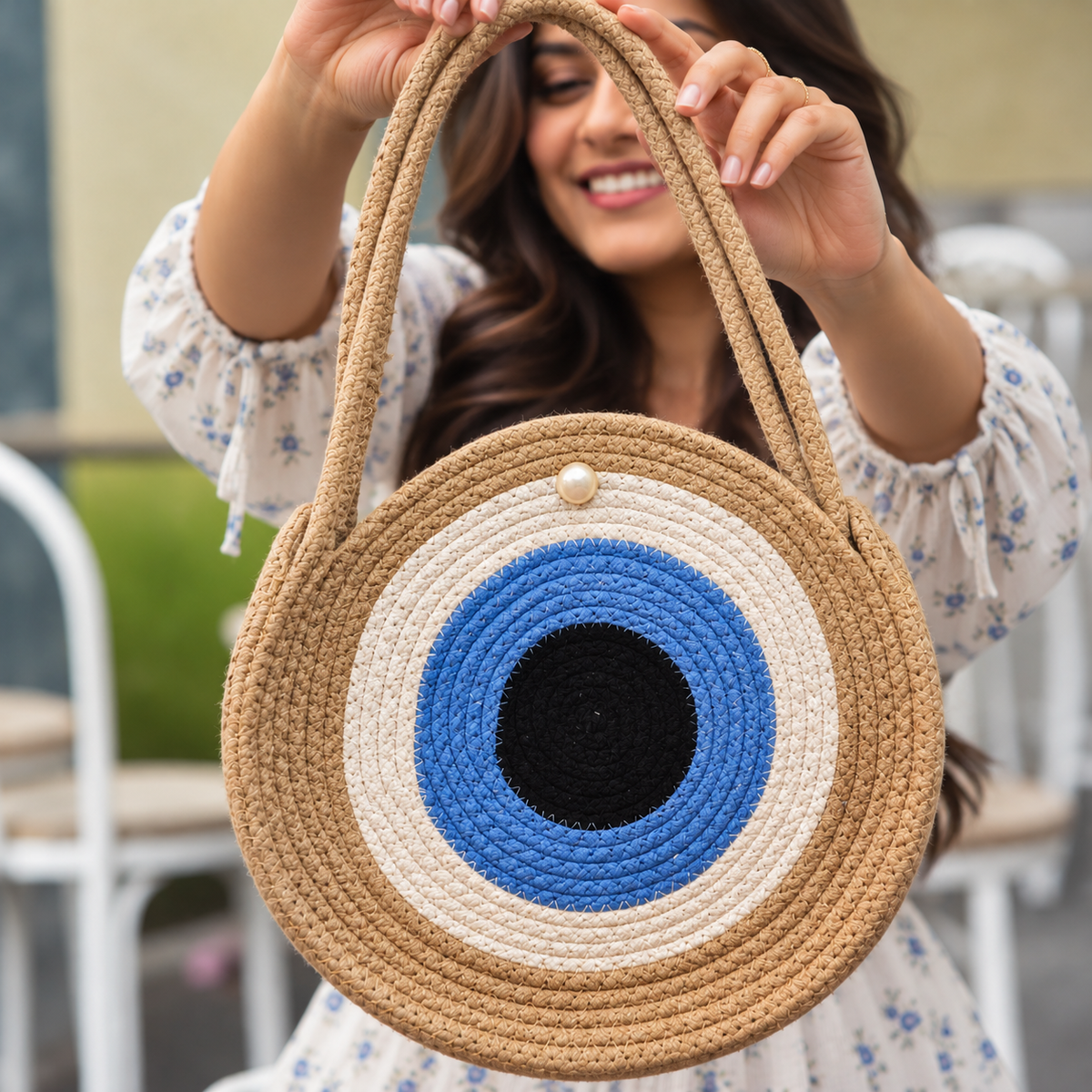 Handmade Round Braided Rope Shoulder Bag with Pearl Button- 9inch Round