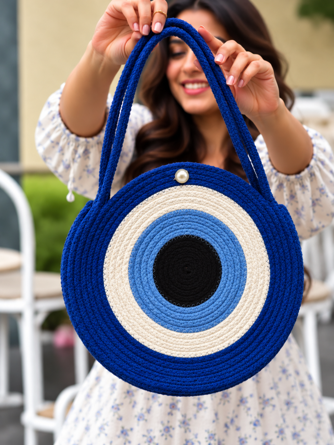Handmade Round Braided Rope Shoulder Bag with Pearl Button- 9inch Round