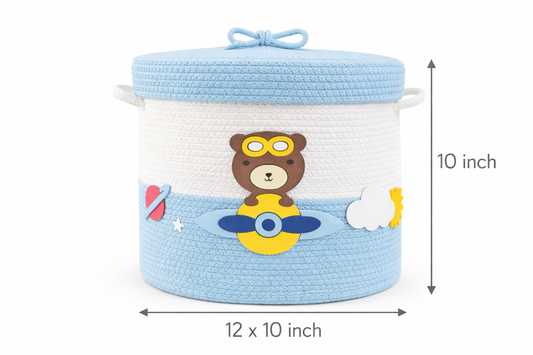 Kids Cotton Rope Storage Basket with Lid – Airplane Bear Design (12x10 Inch)