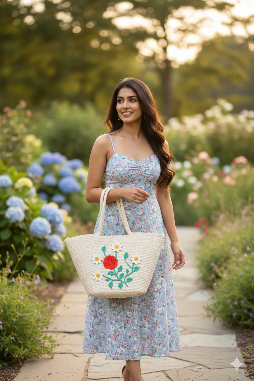 Jutepie Floral Embroidered Tote Bag – 16 Colors | Handcrafted Summer Shoulder Bag