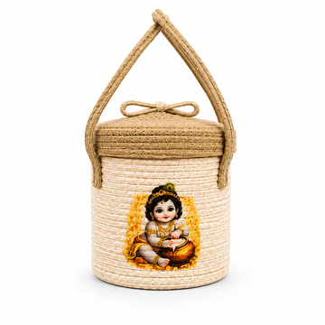 Handmade Bal Krishna Storage Basket with Lid | Hanging Rope Organizer Basket | Traditional Indian Home Decor-7x7 inch
