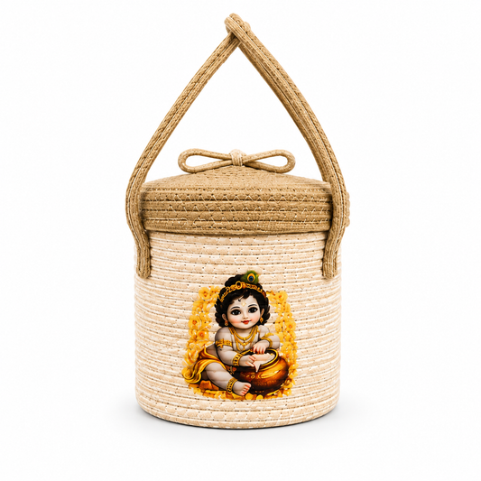 Jutepie Krishna Ji Jute Basket – Handmade Decorative Storage Basket with Lid