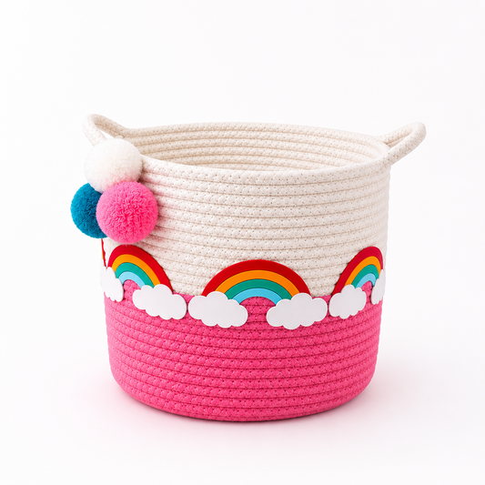 Rainbow Dreams Pink & White Woven Storage Basket for Kids | Toy & Nursery Organizer | 12 × 12 Inch