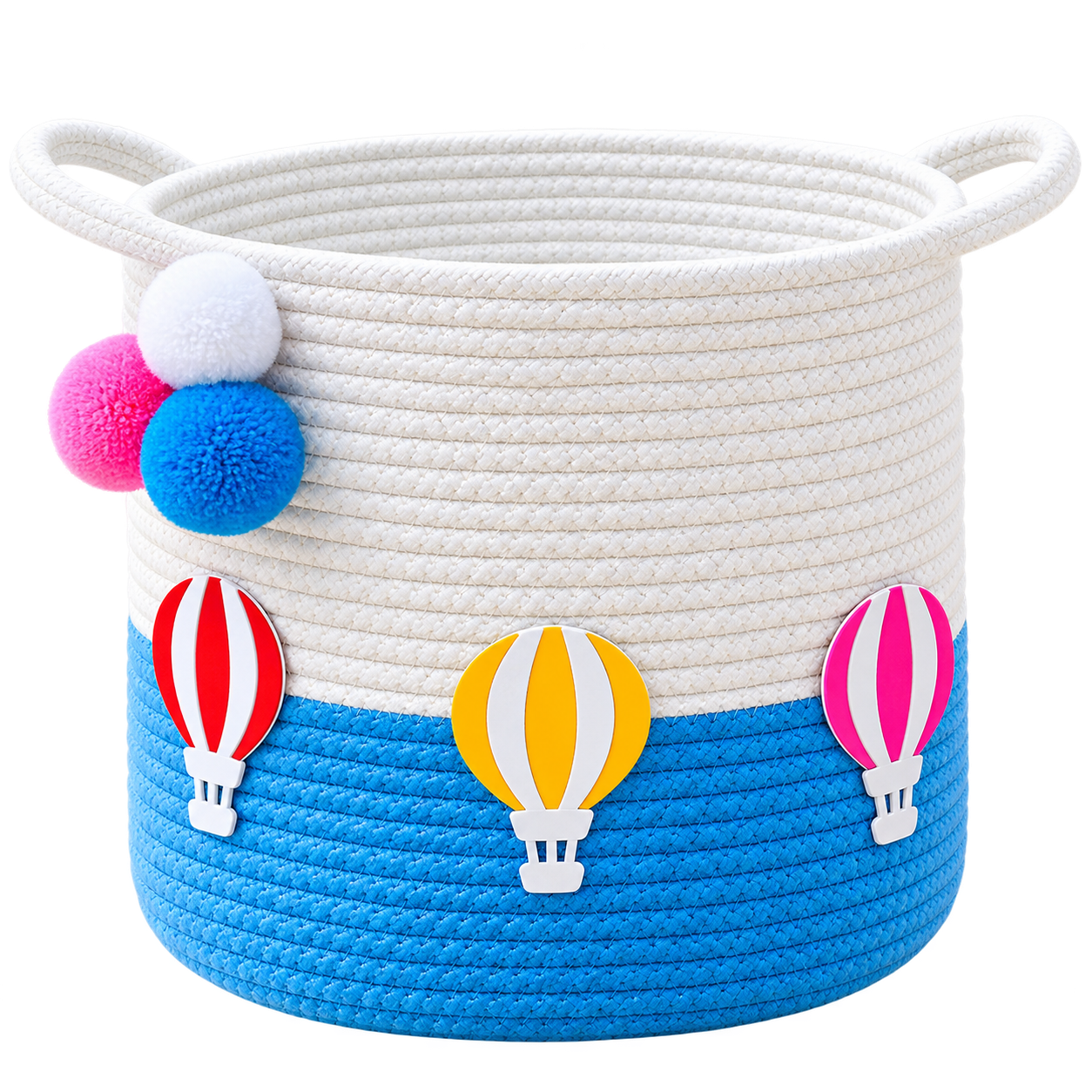 Kids Storage Basket 12×12 Inch | Handmade Cotton Rope Toy Organizer | Blue Balloon Design for Kids Room