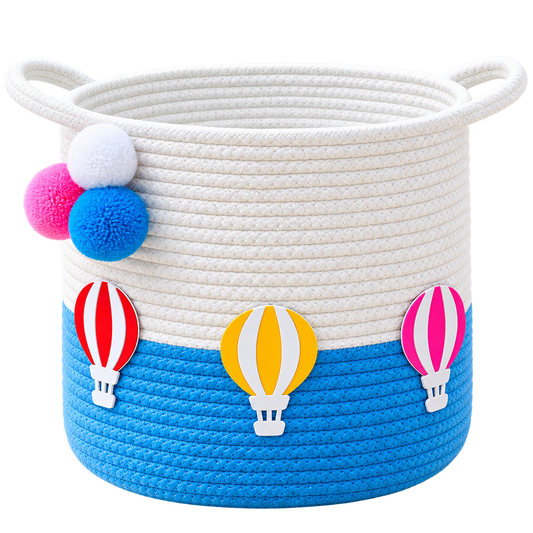 Kids Storage Basket 12×12 Inch | Handmade Cotton Rope Toy Organizer | Blue Balloon Design for Kids Room