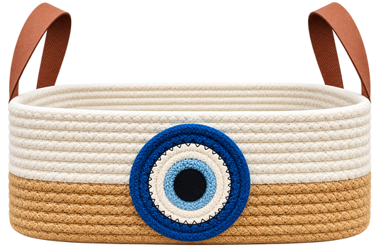 Evil Eye Jute Rope Storage Basket with Leather Handles