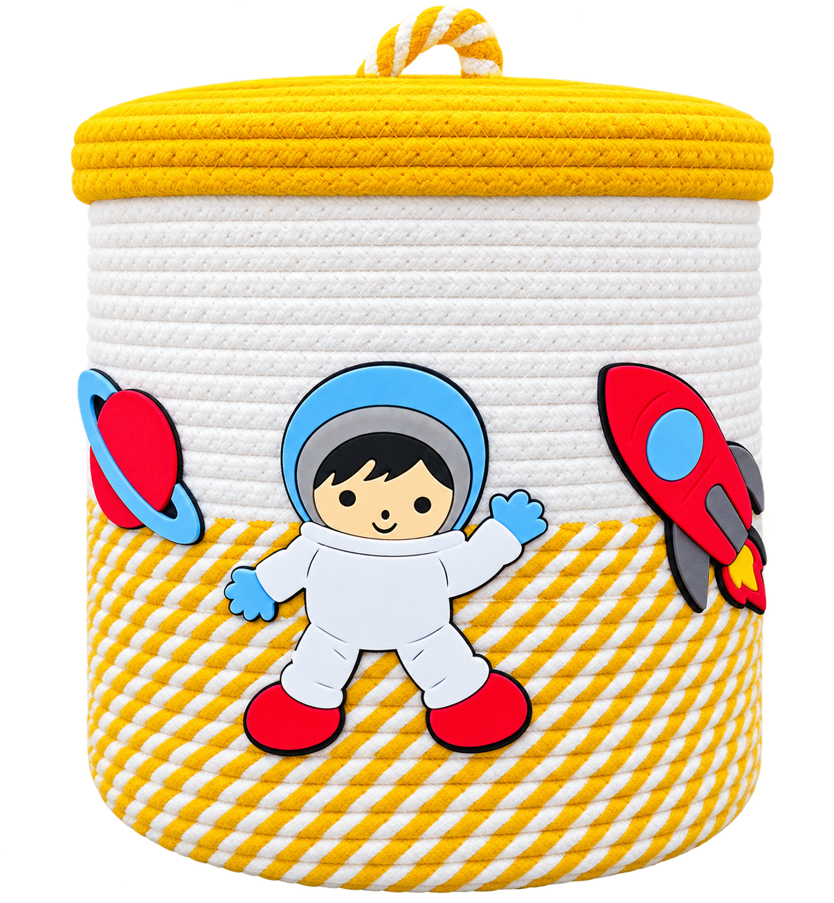 Jutepie Kids Storage Basket with Lid – Rainbow & Space Theme, Woven Rope Toy Organizer, 10 × 10 × 10 Inch